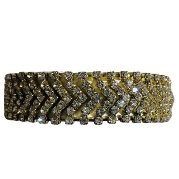 Vintage Multi Row Rhinestone Gold Tone Chain Wedding Runway Women’s Bracelet - Picture 2 of 11